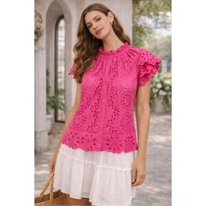 Jennifer & Grace Fuchsia Pink Eyelet Lace Flutter Sleeve Button Down Top XS